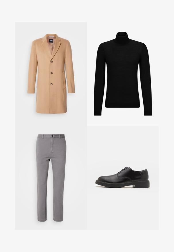 Kamelin villasekoitteinen takki, jossa on uurrettu kaulus, yksirivinen napitus, kolme ruskeaa nappia, kaksi sivutaskua ja sileä pinta.; Mustahuivi neule, joka on valmistettu pehmeästä materiaalista, jossa on pitkät hihat ja tiukka istuvuus. Ribbaus reunassa ja hihansuissa. Yksinkertainen muotoilu.; Harmaat puuvillasekoitetut housut suoran lahjetta, yksittäinen nappikiinnitys ja sivutaskut. Sileä pinta, jossa on hienovarainen kiilto.; Mustat nahkasaappaat, joissa on pyöreä kärki, sileä pinta, minimaalinen ommel ja matala kumipohja. Logo kannassa.