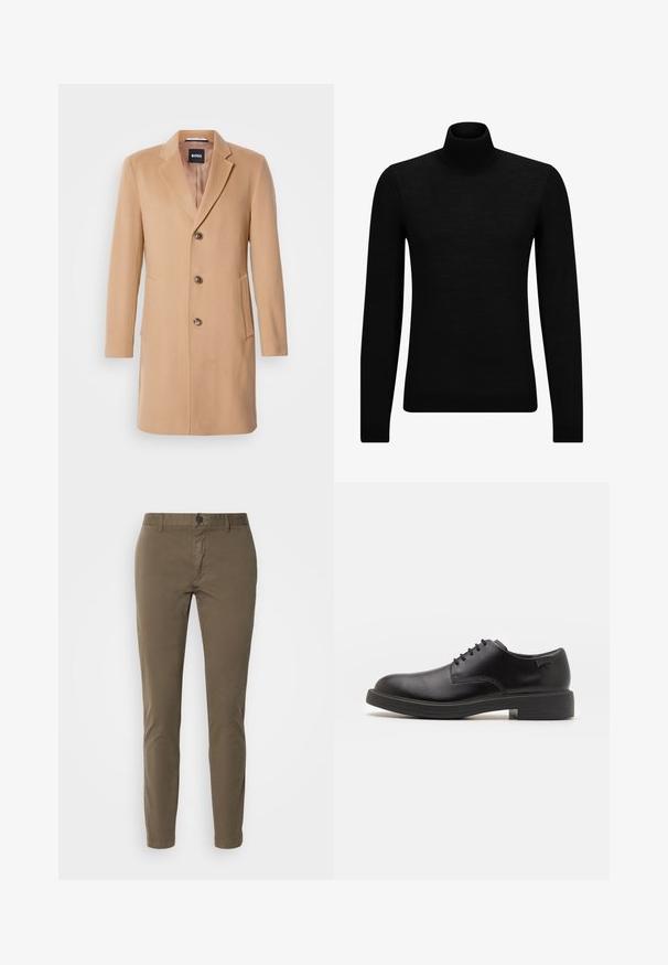 Camel wool-blend coat with a notched lapel, single-breasted closure, three brown buttons, two side pockets, and smooth texture.; Black turtleneck sweater made of soft material, featuring long sleeves and a snug fit. Ribbed trim at the hem and cuffs. Simple design.; HUGO DAVID - Chinos - beige; Black leather lace-up shoe with a rounded toe, smooth texture, minimal stitching, and a low rubber heel. Logo on the heel.