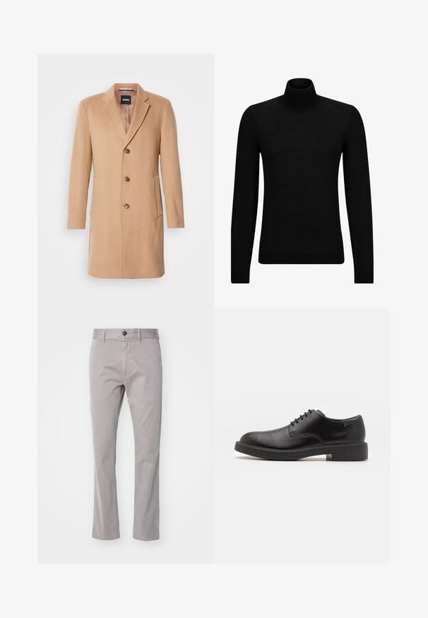 Kaput s mješavinom kamilje vune s urezanim reverom, jednostrukim kopčanjem, tri smeđa gumba, dva bočna džepa i glatkom teksturom.; Crni dukserica s visokim ovratnikom, napravljena od mekanog materijala, s dugim rukavima i priljubljenim krojem. Rebrasti detalji na donjem rubu i rukavima. Jednostavan dizajn.; BOSS SLIM - Chino hlače - open grey; Crne kožne cipele s vezanjem i zaobljenim vrhom, glatke teksture, minimalnim šavovima i niskim gumiranim potplatom. Logo se nalazi na peti.