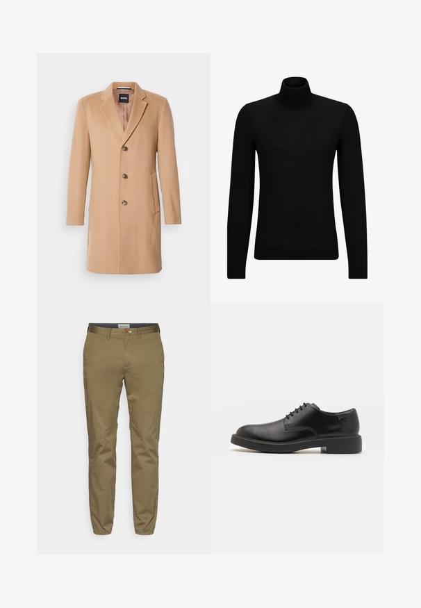 Camel wollen blend jas met een notch-lapel, een enkele sluiting, drie bruine knopen, twee zijzakken en een soepele textuur.; Zwarte coltrui van zacht materiaal, met lange mouwen en een snug fit. Geribbelde afwerking aan de onderkant en mouwen. Eenvoudig ontwerp.; Khaki chinos gemaakt van een katoenmix, slim fit ontwerp met een gladde textuur, voorzien van een bruin knoop en geweven tailleband detail.; Zwarte leren veterschoen met een ronde neus, een gladde textuur, minimale stiksels en een lage rubberen hak. Logo op de hak.