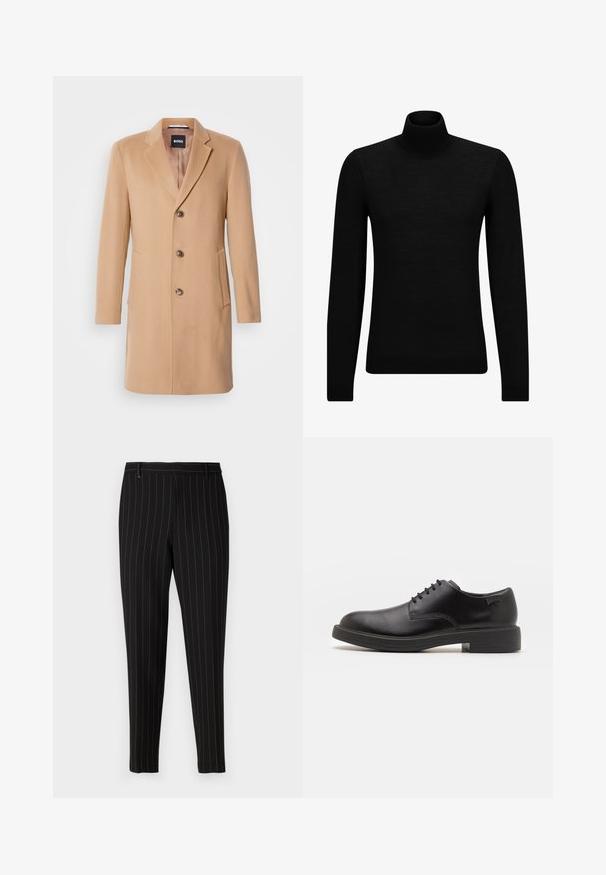 Casaco em mistura de lã camel com lapela destacada, fecho de botão único, três botões castanhos, dois bolsos laterais e textura suave.; Pulôver de gola alta preto, feito de material suave, com mangas longas e ajuste justo. Acabamento canelado na barra e punhos. Design simples.; Calças pretas com finas riscas verticais, corte ajustado, bolsos frontais e passantes para cinto. Feitas de um tecido liso e texturizado.; Sapatilha preta em couro, com atilhos, ponta arredondada, textura suave, costura mínima e um salto baixo em borracha. Logotipo no calcanhar.