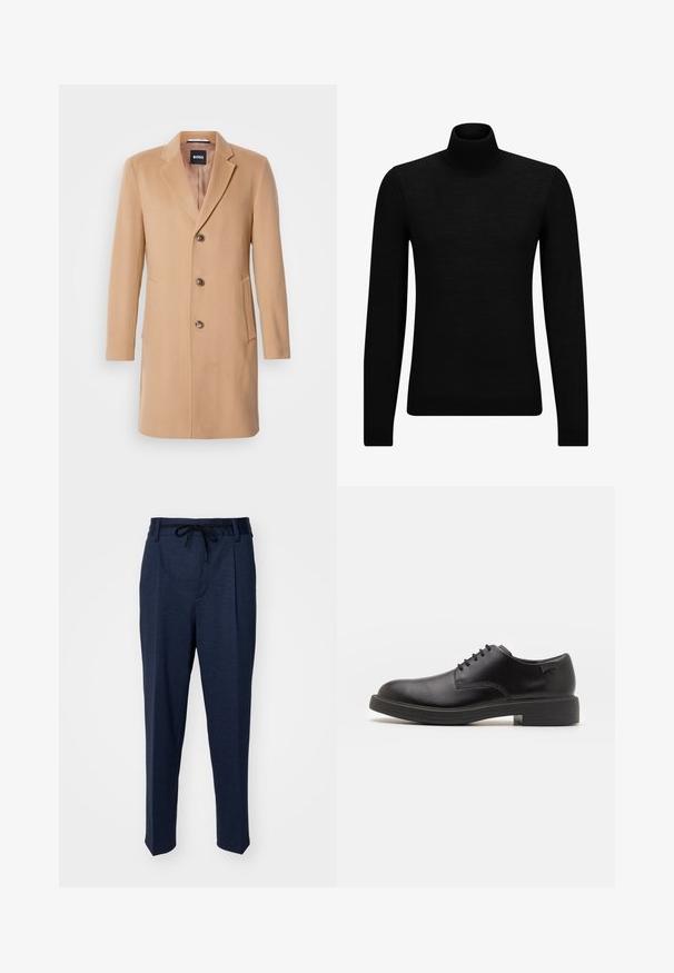 Παλτό από μείγμα μαλλιού καμήλας με καμπύλη πέτο, μονόκουμπο κλείσιμο, τρία καστανά κουμπιά, δύο πλαινές τσέπες και λείο υφή.; Μαύρο πουλόβερ σταυρωτό λαιμό, φτιαγμένο από μαλακό υλικό, με μακριά μανίκια και εφαρμοστή γραμμή. Ριγωτή λεπτομέρεια στο τελείωμα και στους καρπούς. Απλός σχεδιασμός.; HUGO Παντελόνι - dark blue; Μαύρο δερμάτινο παπούτσι με κορδόνια, με στρογγυλή μύτη, λεία υφή, ελάχιστη ραφή και χαμηλή καουτσούκ σόλα. Λογότυπο στη σόλα.