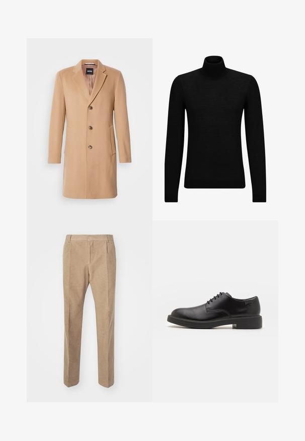 Plašč iz mešanice kamelje volne z oblačnim ovratnikom, enojnim zapiranjem, tremi rjavimi gumbi, dvema stranskima žepoma in gladko teksturo.; Črna turtleneck pulover iz mehkega materiala, z dolgimi rokavi in tesnim prileganjem. R ibana obroba na robu in rokavih. Preprosta zasnova.; Bež hlače iz kordura z ravnim krojem, z dvema poškodovanima linijama na sprednji strani, z zankami za pas in stranskimi žepi. Gladek, mehak tekstur.; Črne usnjene čipkaste čevlje z zaobljenim nosom, gladko teksturo, minimalnim šitjem in nizkim gumijastim peto. Logo na peti.