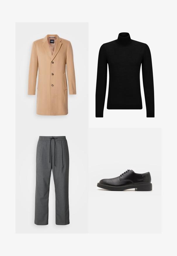 Kamelový vlnený kabát so zaobleným límcom, jednostranným zapínaním, tromi hnedými gombíkmi, dvoma bočnými vreckami a hladkou textúrou.; Čierny rolák vyrobený z jemného materiálu, s dlhými rukávmi a tesným strihom. Hranatý lem a manžety s ribbed úpravou. Jednoduchý dizajn.; Sivé, tkaninové nohavice s elastickým pásom, vonkajším sťahovacím šnúrkom, bočnými vreckami a voľným strihom. Minimalistický dizajn s čistými líniami.; Čierne kožené šnurovacie topánky s okrúhlou špičkou, hladkým povrchom, minimálnym prešívaním a nízkym gumovým podpätkom. Logo na podpätku.