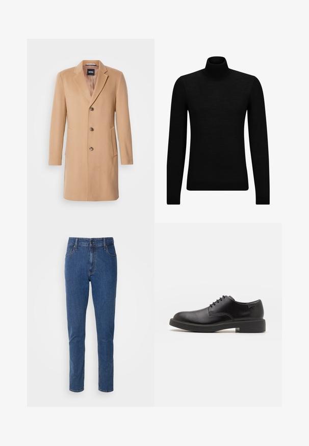 Kamelin villasekoitteinen takki, jossa on uurrettu kaulus, yksirivinen napitus, kolme ruskeaa nappia, kaksi sivutaskua ja sileä pinta.; Mustahuivi neule, joka on valmistettu pehmeästä materiaalista, jossa on pitkät hihat ja tiukka istuvuus. Ribbaus reunassa ja hihansuissa. Yksinkertainen muotoilu.; Siniset farkut, joissa on suora lahje, varustettu vetoketjulla, nappisulkimella ja viidellä taskulla. Klassinen tumma pesu. Sileä rakenne.; Mustat nahkasaappaat, joissa on pyöreä kärki, sileä pinta, minimaalinen ommel ja matala kumipohja. Logo kannassa.