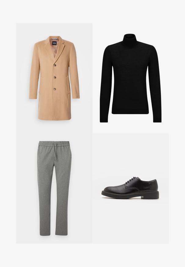 Kamelový kabát se směsí vlny, s klopovým límcem, jednoramenným zapínáním, třemi hnědými knoflíky, dvěma bočními kapsami a hladkou texturou.; Černý rolák vyrobený z měkkého materiálu, s dlouhými rukávy a těsným střihem. Hladký lem na spodním okraji a manžetách. Jednoduchý design.; Šedé zúžené kalhoty vyrobené z strukturované látky. Mají elastický pas se šňůrkou, bez kapes a hladký povrch.; Černé kožené šněrovací boty s kulatou špičkou, hladkým povrchem, minimálním prošíváním a nízkým gumovým podpatkem. Logo na patě.