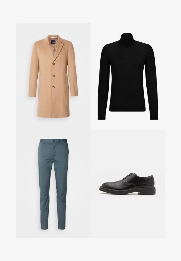 Kamel színű gyapjúkeverék kabát, melynek hajtókás álcsuklója van, egy sor gombbal záródik, három barna gombja, két oldalsó zsebe és sima textúrája van.; Fekete garbó pulóver puha anyagból, hosszú ujjakkal és szoros fazonnal. Ribbed díszítés az alján és az ujjak végén. Egyszerű dizájn.; Scotch & Soda ESSENTIALS STUART - Vászonnadrágok - steel; Fekete bőrcipő, kerek orrú, sima felületű, minimális varrással és alacsony gumitalppal. Logó a sarokrészen.