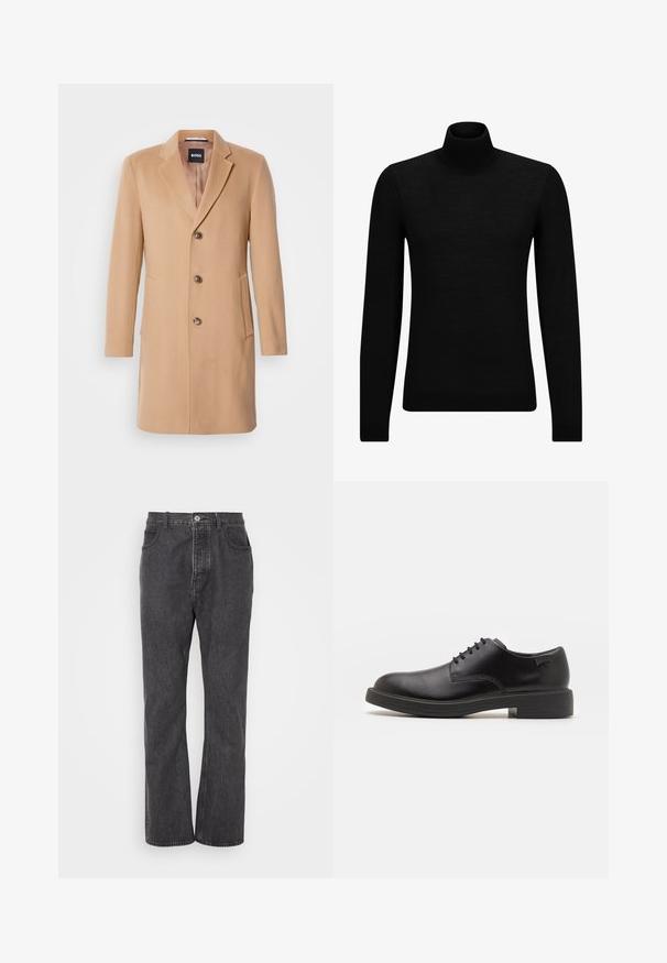 Kamieļa vilnas pārklājs ar izgrieztu atlokiem, viengabalainu aizdari, trim brūnām pogām, divām sānu kabatām un gludu tekstūru.; Melnā augstā kakla džemperis, kas izgatavots no mīksta materiāla, ar garām piedurknēm un pieguļušu piegriezumu. Ribota apdare ap apakšu un piedurknēm. Vienkāršs dizains.; Melni džinsi ar taisnu kāju dizainu, ar priekšējo pogu aizdari, jostas cilpām un smalku izbalēšanas efektu, lai pievienotu tekstūru.; Melna āda sašūta kurpe ar noapaļotu purngalu, gludu tekstūru, minimālu šuvju skaitu un zemu gumijas papēdi. Logo uz papēža.