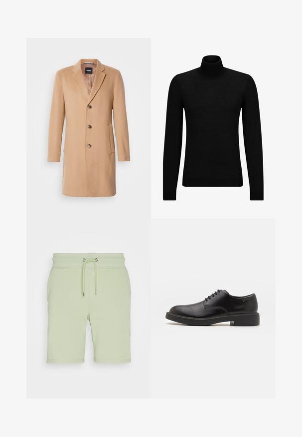 Camel wollen blend jas met een notch-lapel, een enkele sluiting, drie bruine knopen, twee zijzakken en een soepele textuur.; Zwarte coltrui van zacht materiaal, met lange mouwen en een snug fit. Geribbelde afwerking aan de onderkant en mouwen. Eenvoudig ontwerp.; GANT REG SHIELD - Trainingsbroek - milky matcha; Zwarte leren veterschoen met een ronde neus, een gladde textuur, minimale stiksels en een lage rubberen hak. Logo op de hak.