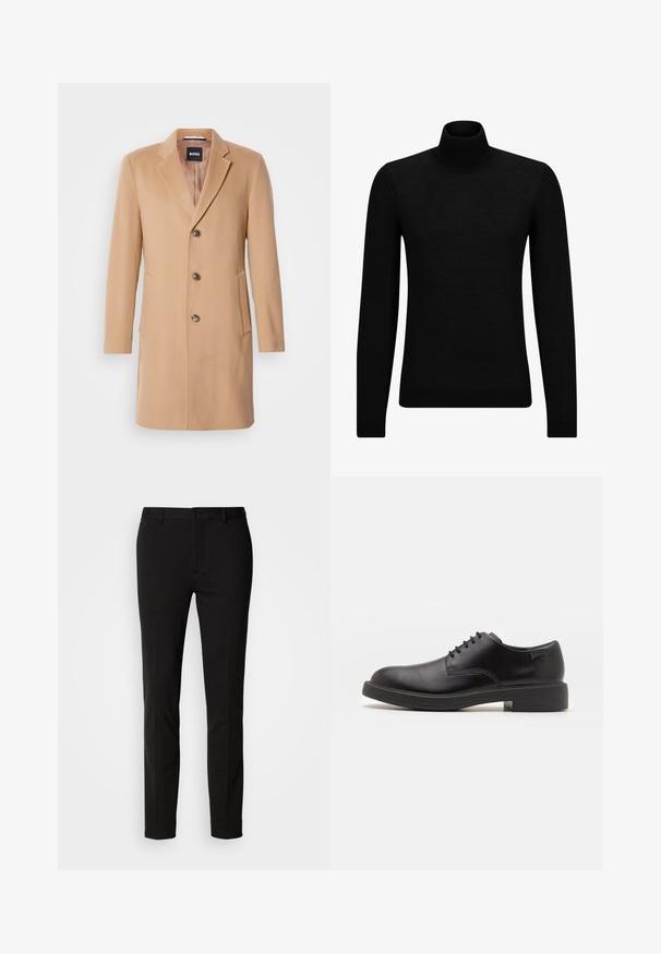 Kamieļa vilnas pārklājs ar izgrieztu atlokiem, viengabalainu aizdari, trim brūnām pogām, divām sānu kabatām un gludu tekstūru.; Melnā augstā kakla džemperis, kas izgatavots no mīksta materiāla, ar garām piedurknēm un pieguļušu piegriezumu. Ribota apdare ap apakšu un piedurknēm. Vienkāršs dizains.; Melnas bikses ar šauru piegriezumu, ar pogu aizdari un jostas cilpām. Izgatavotas no gludas auduma ar vieglu spīdumu, bez redzamām rakstu formām.; Melna āda sašūta kurpe ar noapaļotu purngalu, gludu tekstūru, minimālu šuvju skaitu un zemu gumijas papēdi. Logo uz papēža.