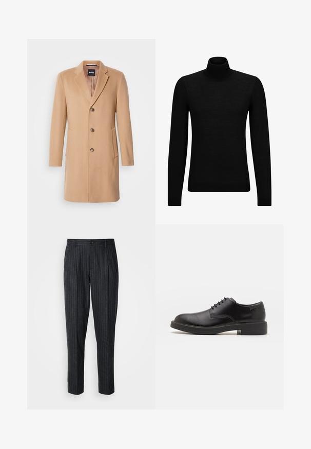 Kamelio vilnos tekstūros paltas su įpjovimu, vieno mygtuko užsegimu, trimis rudos spalvos mygtukais, dviem šoninėmis kišenėmis ir lygia tekstūra.; Juodas aukšto kaklo megztinis, pagamintas iš minkštos medžiagos, su ilgomis rankovėmis ir prigludusia forma. Su raukiniais apačioje ir rankogaliuose. Paprastas dizainas.; Tamsiai pilkos spalvos pritaikyti kelnių modeliai, pagaminti iš audinio su plonomis vertikaliomis juostelėmis; turi mygtukų užsegimą ir raukšlėtą priekinį dizainą.; Juodas odinis batų modelis su raišteliais, apvaliu nosiu, lygiu paviršiumi, minimaliai siuvinėjimu ir žemu guminėmis pakulne. Ant pakulnės šalia logo.