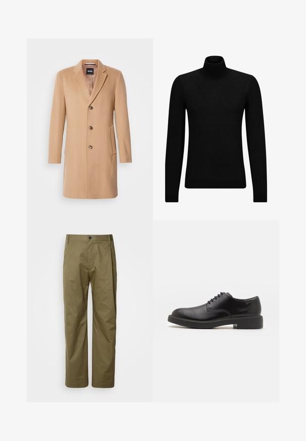 Kamel színű gyapjúkeverék kabát, melynek hajtókás álcsuklója van, egy sor gombbal záródik, három barna gombja, két oldalsó zsebe és sima textúrája van.; Fekete garbó pulóver puha anyagból, hosszú ujjakkal és szoros fazonnal. Ribbed díszítés az alján és az ujjak végén. Egyszerű dizájn.; Olíva zöld, egyenes szárú nadrág, könnyű pamut keverék anyagból. Elől gombos záródással és szabványos zsebekkel rendelkezik.; Fekete bőrcipő, kerek orrú, sima felületű, minimális varrással és alacsony gumitalppal. Logó a sarokrészen.