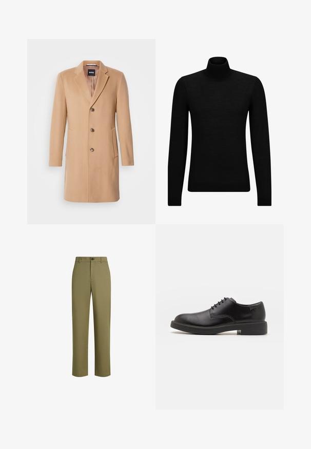 Kamieļa vilnas pārklājs ar izgrieztu atlokiem, viengabalainu aizdari, trim brūnām pogām, divām sānu kabatām un gludu tekstūru.; Melnā augstā kakla džemperis, kas izgatavots no mīksta materiāla, ar garām piedurknēm un pieguļušu piegriezumu. Ribota apdare ap apakšu un piedurknēm. Vienkāršs dizains.; Olīvu zaļas bikses, kas izgatavotas no gludas auduma, ar taisnu kāju dizainu, vienu pogu aizdari un niansētu tekstūru.; Melna āda sašūta kurpe ar noapaļotu purngalu, gludu tekstūru, minimālu šuvju skaitu un zemu gumijas papēdi. Logo uz papēža.