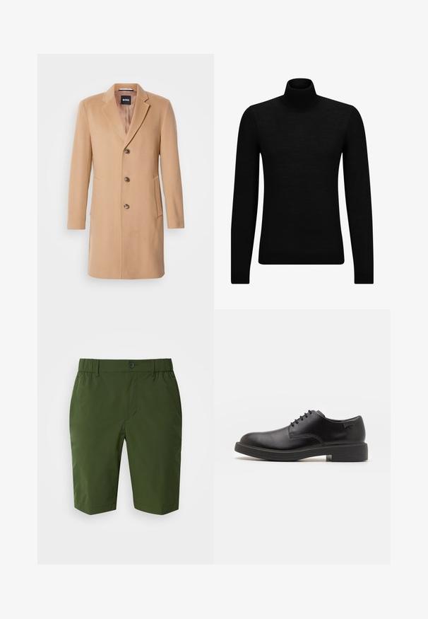 Abrigo de mezcla de lana color camello con solapa muescada, cierre de un solo botón, tres botones marrones, dos bolsillos laterales y textura suave.; Jersey de cuello alto negro hecho de un material suave, con mangas largas y un ajuste ceñido. Ribete acanalado en el dobladillo y los puños. Diseño simple.; Pantalones cortos de color verde oscuro con cintura elástica y un solo botón de cierre. Tejido suave y ligero, que cuenta con dos bolsillos laterales y un corte ajustado.; Zapato negro de cuero con cordones, punta redondeada, textura suave, costuras mínimas y tacón bajo de goma. Logo en el tacón.