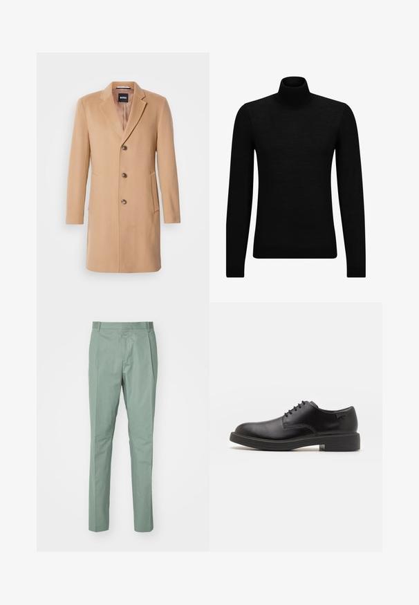 Camel wool-blend coat with a notched lapel, single-breasted closure, three brown buttons, two side pockets, and smooth texture.; Black turtleneck sweater made of soft material, featuring long sleeves and a snug fit. Ribbed trim at the hem and cuffs. Simple design.; Light green pants with a straight cut, featuring a flat front, two side pockets, and a smooth fabric texture. No visible patterns or hardware.; Black leather lace-up shoe with a rounded toe, smooth texture, minimal stitching, and a low rubber heel. Logo on the heel.