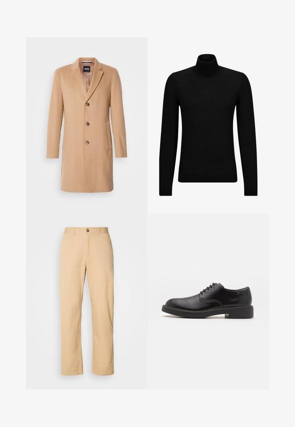 Manteau en mélange de laine couleur chameau avec col cranté, fermeture simple, trois boutons bruns, deux poches latérales et texture lisse.; Pull à col roulé noir en matériau doux, avec des manches longues et une coupe ajustée. Finition côtelée au bas et aux poignets. Design simple.; Pantalons en coton kaki avec une coupe droite, dotés d'une fermeture à bouton à l'avant et de passants de ceinture. Texture lisse et surface unie.; Chaussure noire en cuir à lacets avec un embout arrondi, texture lisse, piqures minimales et un petit talon en caoutchouc. Logo sur le talon.