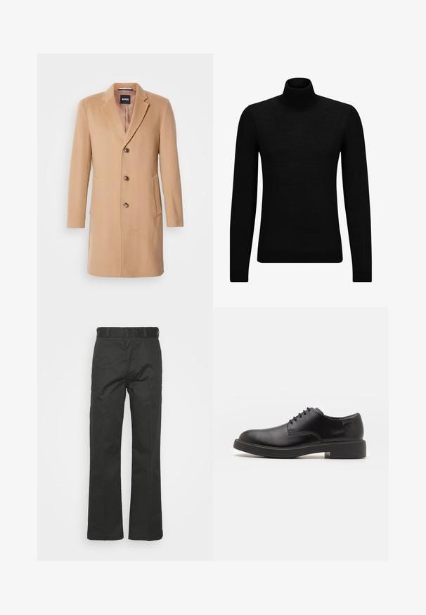 Kamel színű gyapjúkeverék kabát, melynek hajtókás álcsuklója van, egy sor gombbal záródik, három barna gombja, két oldalsó zsebe és sima textúrája van.; Fekete garbó pulóver puha anyagból, hosszú ujjakkal és szoros fazonnal. Ribbed díszítés az alján és az ujjak végén. Egyszerű dizájn.; Fekete nadrág sima anyagból, egyenes szárajú dizájnnal, övbújtatókkal és látható varrással. Zsebek vagy minták nélkül.; Fekete bőrcipő, kerek orrú, sima felületű, minimális varrással és alacsony gumitalppal. Logó a sarokrészen.
