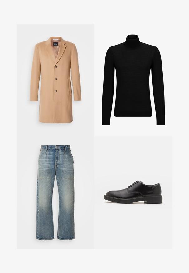 Palton din lână de cămilă, amestecat, cu rever ascuțit, închidere cu un singur rând de butoane, trei butoane maro, două buzunare laterale și textură netedă.; Pulover negru cu guler înalt, realizat dintr-un material moale, cu mâneci lungi și o croială ajustată. Tiv și mansete cu margine ondulată. Design simplu.; Jeans din denim de culoare albastru deschis, cu croi larg, talie înaltă, două buzunare frontale și ușoară decolorare. Design clasic cu cinci buzunare.; Pantofii din piele neagră, cu șireturi, au vârful rotunjit, o textură netedă, cusături minime și un toc de cauciuc scăzut. Logo pe toc.