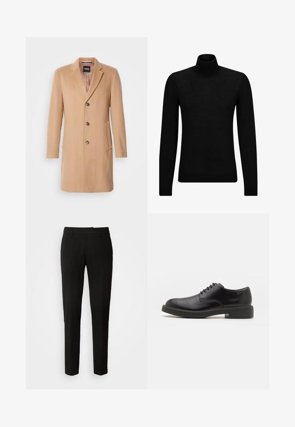 Plašč iz mešanice kamelje volne z oblačnim ovratnikom, enojnim zapiranjem, tremi rjavimi gumbi, dvema stranskima žepoma in gladko teksturo.; Črna turtleneck pulover iz mehkega materiala, z dolgimi rokavi in tesnim prileganjem. R ibana obroba na robu in rokavih. Preprosta zasnova.; Črne hlače z ravnim krojem, z gumbom za zapiranje, zankami za pas in gladko teksturo tkanine. Brez vidnih vzorcev ali poudarkov.; Črne usnjene čipkaste čevlje z zaobljenim nosom, gladko teksturo, minimalnim šitjem in nizkim gumijastim peto. Logo na peti.