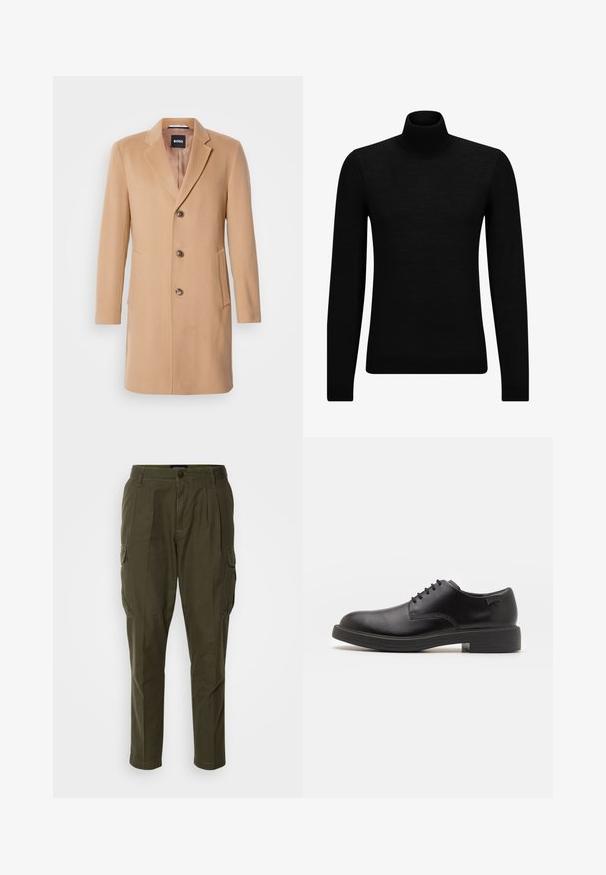 Kamelový vlnený kabát so zaobleným límcom, jednostranným zapínaním, tromi hnedými gombíkmi, dvoma bočnými vreckami a hladkou textúrou.; Čierny rolák vyrobený z jemného materiálu, s dlhými rukávmi a tesným strihom. Hranatý lem a manžety s ribbed úpravou. Jednoduchý dizajn.; Cargo nohavice v olivovo zelenej bavlnene zmesi, so viacerými bočnými vreckami, rovný strih a prešitie pozdĺž pásu.; Čierne kožené šnurovacie topánky s okrúhlou špičkou, hladkým povrchom, minimálnym prešívaním a nízkym gumovým podpätkom. Logo na podpätku.