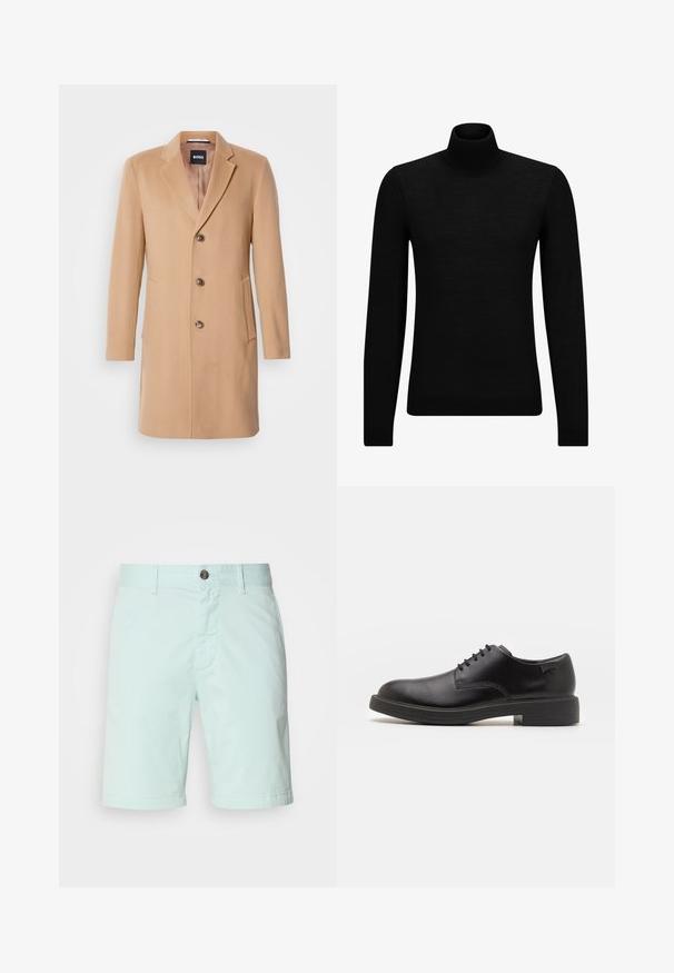 Kamelio vilnos tekstūros paltas su įpjovimu, vieno mygtuko užsegimu, trimis rudos spalvos mygtukais, dviem šoninėmis kišenėmis ir lygia tekstūra.; Juodas aukšto kaklo megztinis, pagamintas iš minkštos medžiagos, su ilgomis rankovėmis ir prigludusia forma. Su raukiniais apačioje ir rankogaliuose. Paprastas dizainas.; Šviesiai mėtų žalios spalvos medvilniniai šortai su užtrauktuku, mygtuko uždarymu ir šoniniais kišenėmis. Lygus paviršius su kasdieniu dizainu.; Juodas odinis batų modelis su raišteliais, apvaliu nosiu, lygiu paviršiumi, minimaliai siuvinėjimu ir žemu guminėmis pakulne. Ant pakulnės šalia logo.