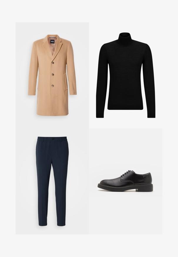 Manteau en mélange de laine couleur chameau avec col cranté, fermeture simple, trois boutons bruns, deux poches latérales et texture lisse.; Pull à col roulé noir en matériau doux, avec des manches longues et une coupe ajustée. Finition côtelée au bas et aux poignets. Design simple.; Pantalons droit bleu marine avec une taille élastique, dotés d'une fermeture à bouton à l'avant et d'une texture de tissu lisse.; Chaussure noire en cuir à lacets avec un embout arrondi, texture lisse, piqures minimales et un petit talon en caoutchouc. Logo sur le talon.