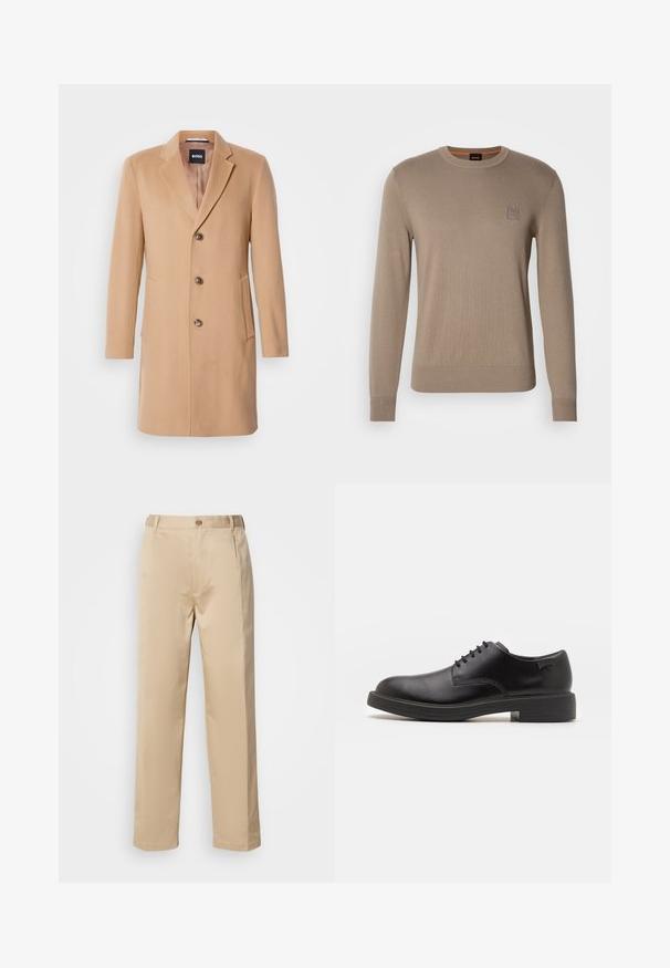 Kamieļa vilnas pārklājs ar izgrieztu atlokiem, viengabalainu aizdari, trim brūnām pogām, divām sānu kabatām un gludu tekstūru.; Vīriešu beigtā krējumā pelēks džemperis ar garām piedurknēm, ribotām aprocēm un apakšmalu, ar mazu kvadrātveida logo uz krūtīm.; Bežīgas bikses, kas izgatavotas no viegla auduma, ar taisnu kāju dizainu, jostai ar cilpiņām, un vienu priekšējo pogu.; Melna āda sašūta kurpe ar noapaļotu purngalu, gludu tekstūru, minimālu šuvju skaitu un zemu gumijas papēdi. Logo uz papēža.