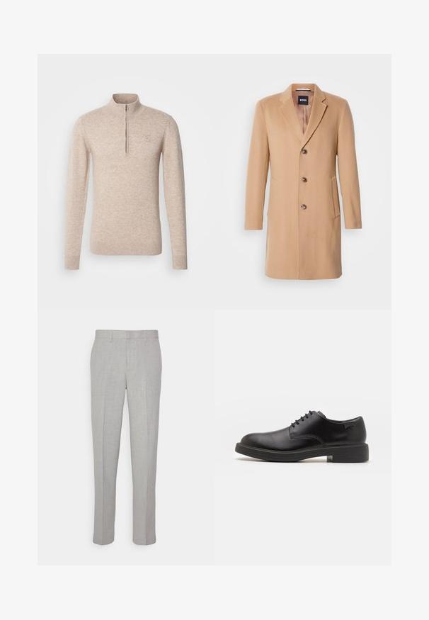 Cappotto in misto lana color cammello con rever, chiusura a un bottone, tre bottoni marroni, due tasche laterali e texture liscia.; INDICODE JEANS Maglione - beige mix; Pantaloni grigi chiari con una texture liscia, frontale piatto e gambe dritte. Realizzati in tessuto traspirante, dotati di tasche interne e passanti per cintura.; Scarpa nera in pelle con lacci, punta tonda, texture liscia, cuciture minime e tacco in gomma basso. Logo sul tacco.