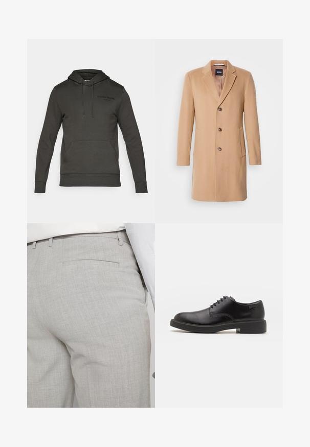 Cappotto in misto lana color cammello con rever, chiusura a un bottone, tre bottoni marroni, due tasche laterali e texture liscia.; Felpa grigia scura con tasca a marsupio frontale, cappuccio e lacci. Presenta un logo anteriore nero, realizzata in morbido tessuto.; Pantaloni sartoriali grigio chiaro realizzati in tessuto strutturato, con una tasca posteriore singola e cuciture pulite.; Scarpa nera in pelle con lacci, punta tonda, texture liscia, cuciture minime e tacco in gomma basso. Logo sul tacco.