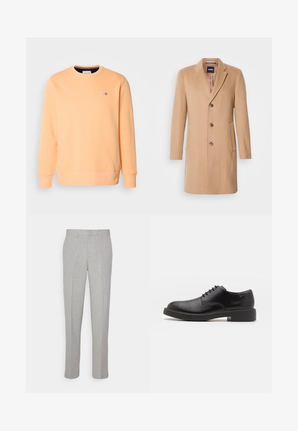 Cappotto in misto lana color cammello con rever, chiusura a un bottone, tre bottoni marroni, due tasche laterali e texture liscia.; Felpa pesco in misto cotone, colletto a girocollo, polsini e bordo a coste. Piccolo logo blu sul petto. Texture liscia e morbida con un colore uniforme.; Pantaloni grigi chiari con una texture liscia, frontale piatto e gambe dritte. Realizzati in tessuto traspirante, dotati di tasche interne e passanti per cintura.; Scarpa nera in pelle con lacci, punta tonda, texture liscia, cuciture minime e tacco in gomma basso. Logo sul tacco.