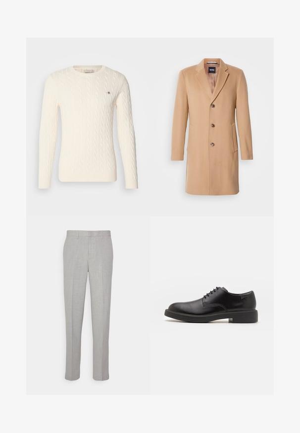 Palton din lână de cămilă, amestecat, cu rever ascuțit, închidere cu un singur rând de butoane, trei butoane maro, două buzunare laterale și textură netedă.; Pulover din tricotaje clasice, de culoare crem, cu mâneci lungi, decolteu rotund, manșete și tiv cu aspect canelat, având un detaliu mic cu logo pe piept.; Pantaloni gri deschis cu o textură netedă, față plată și picioare drepte. Realizați dintr-o țesătură respirabilă, cu buzunare interioare și brâie.; Pantofii din piele neagră, cu șireturi, au vârful rotunjit, o textură netedă, cusături minime și un toc de cauciuc scăzut. Logo pe toc.