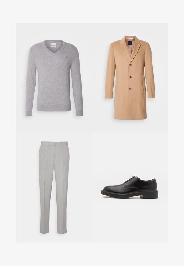 Palton din lână de cămilă, amestecat, cu rever ascuțit, închidere cu un singur rând de butoane, trei butoane maro, două buzunare laterale și textură netedă.; Pulover gri din lână cu decolteu în V, cu mâneci lungi, având un mic logo brodat pe piept și manșete și tiv elastic.; Pantaloni gri deschis cu o textură netedă, față plată și picioare drepte. Realizați dintr-o țesătură respirabilă, cu buzunare interioare și brâie.; Pantofii din piele neagră, cu șireturi, au vârful rotunjit, o textură netedă, cusături minime și un toc de cauciuc scăzut. Logo pe toc.