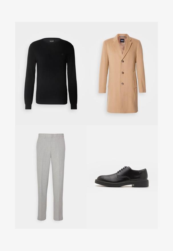 Palton din lână de cămilă, amestecat, cu rever ascuțit, închidere cu un singur rând de butoane, trei butoane maro, două buzunare laterale și textură netedă.; Pulover negru tricotat, cu decolteu rotund, mâneci lungi și un mic logo brodat pe piept. Textură moale și design ajustat.; Pantaloni gri deschis cu o textură netedă, față plată și picioare drepte. Realizați dintr-o țesătură respirabilă, cu buzunare interioare și brâie.; Pantofii din piele neagră, cu șireturi, au vârful rotunjit, o textură netedă, cusături minime și un toc de cauciuc scăzut. Logo pe toc.
