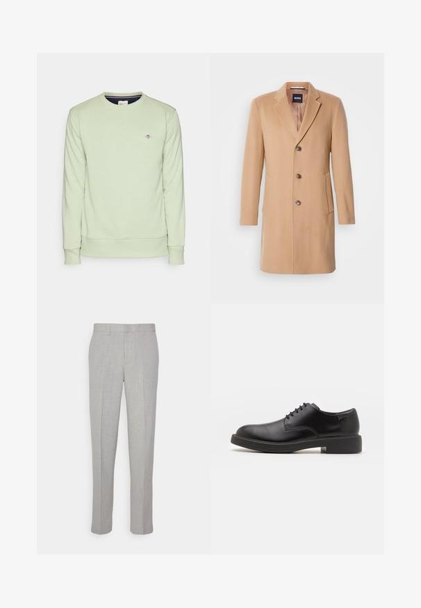 Kaput s mješavinom kamilje vune s urezanim reverom, jednostrukim kopčanjem, tri smeđa gumba, dva bočna džepa i glatkom teksturom.; Svijetlozeleni dukserica s dugim rukavima, rebrastim manžetama i donjim rubom. Ima mali izvezeni logo na prsima. Mekana tekstura.; Svijetlosive hlače od glatkog materijala, ravnog prednjeg dijela i straight kroja. Izrađene od prozračnog materijala, s unutarnjim džepovima i petljama za remen.; Crne kožne cipele s vezanjem i zaobljenim vrhom, glatke teksture, minimalnim šavovima i niskim gumiranim potplatom. Logo se nalazi na peti.