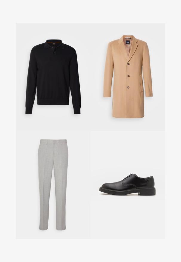 Kamel színű gyapjúkeverék kabát, melynek hajtókás álcsuklója van, egy sor gombbal záródik, három barna gombja, két oldalsó zsebe és sima textúrája van.; Fekete hosszú ujjú póló, galléros nyakkal, két gombbal, bordázott mandzsettákkal és egy diszkrét logóval a mellkason. Puha, kötött textúra.; Világosszürke nadrág, sima textúrával, lapos elülső résszel és egyenes lábakkal. Lélegző anyagból készült, belső zsebekkel és övjáratokkal ellátva.; Fekete bőrcipő, kerek orrú, sima felületű, minimális varrással és alacsony gumitalppal. Logó a sarokrészen.