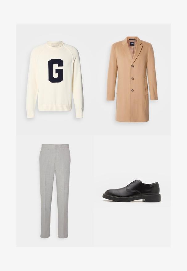 Camel wool-blend coat with a notched lapel, single-breasted closure, three brown buttons, two side pockets, and smooth texture.; Cream sweater made of knit fabric featuring a navy blue 'G' logo design. It has a round neck and ribbed cuffs and hem.; Light gray trousers with a smooth texture, flat front, and straight legs. Made of breathable fabric, featuring internal pockets and belt loops.; Black leather lace-up shoe with a rounded toe, smooth texture, minimal stitching, and a low rubber heel. Logo on the heel.