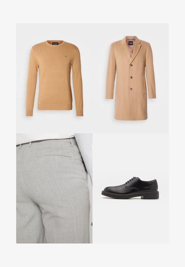 Cappotto in misto lana color cammello con rever, chiusura a un bottone, tre bottoni marroni, due tasche laterali e texture liscia.; Maglione beige a girocollo realizzato in morbido materiale lavorato a maglia, con maniche lunghe e un piccolo logo ricamato sul petto.; Pantaloni sartoriali grigio chiaro realizzati in tessuto strutturato, con una tasca posteriore singola e cuciture pulite.; Scarpa nera in pelle con lacci, punta tonda, texture liscia, cuciture minime e tacco in gomma basso. Logo sul tacco.