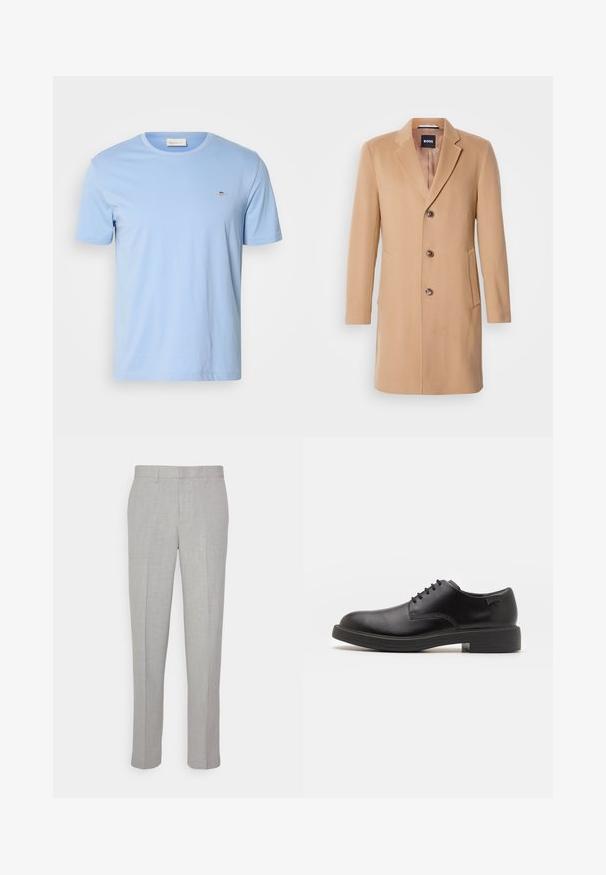 Płaszcz z mieszanki wełny w kolorze camel, z wklęsłym kołnierzem, jednoszeregowym zapięciem, trzema brązowymi guzikami, dwiema bocznymi kieszeniami i gładką fakturą.; Jasnoniebieska koszulka z krótkim rękawem wykonana z bawełny. Ma okrągły dekolt i małe haftowane logo na lewej piersi. Miękka w dotyku.; Jasnoszare spodnie o gładkiej fakturze, z płaskim przodem i prostymi nogawkami. Wykonane z przewiewnej tkaniny, z wewnętrznymi kieszeniami i pętelkami na pasek.; Czarny skórzany but za kostkę z okrągłym noskiem, gładką fakturą, minimalnym przeszyciem i niskim gumowym obcasem. Logo na pięcie.