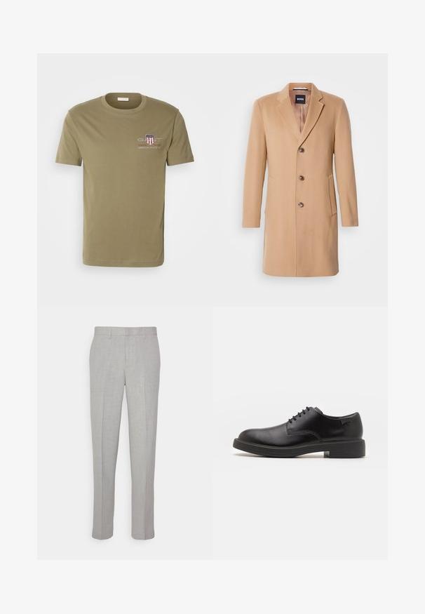 Kamel színű gyapjúkeverék kabát, melynek hajtókás álcsuklója van, egy sor gombbal záródik, három barna gombja, két oldalsó zsebe és sima textúrája van.; Olívazöld pamut póló rövid ujjakkal, kerek nyakkal, bal mellen a "GANT" logóval, pajzs dizájnnal és szöveggel.; Világosszürke nadrág, sima textúrával, lapos elülső résszel és egyenes lábakkal. Lélegző anyagból készült, belső zsebekkel és övjáratokkal ellátva.; Fekete bőrcipő, kerek orrú, sima felületű, minimális varrással és alacsony gumitalppal. Logó a sarokrészen.