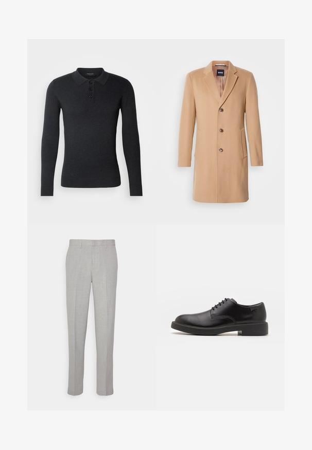 Plašč iz mešanice kamelje volne z oblačnim ovratnikom, enojnim zapiranjem, tremi rjavimi gumbi, dvema stranskima žepoma in gladko teksturo.; Črna polo majica z dolgimi rokavi, narejena iz pletenega materiala. Ima ovratnik, zapenjanje na tri gumbe in rebraste manšete za prilagojen videz.; Svetlo sivi hlače z gladko teksturo, ravnim sprednjim delom in ravnimi nogavicami. Narejene iz zračnega materiala, vsebujejo notranje žepke in zanke za pas.; Črne usnjene čipkaste čevlje z zaobljenim nosom, gladko teksturo, minimalnim šitjem in nizkim gumijastim peto. Logo na peti.