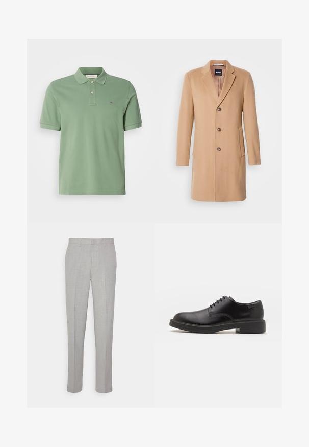 Kamelový vlnený kabát so zaobleným límcom, jednostranným zapínaním, tromi hnedými gombíkmi, dvoma bočnými vreckami a hladkou textúrou.; Zelená polo košeľa vyrobená z bavlny. Má golier s dvoma gombíkmi a malým logom na hrudi. Krátke rukávy, štandardný strih.; Svetlo-sivé nohavice s hladkým povrchom, plochým predným dielom a rovnými nohavicami. Vyrobené z priedušnej látky, s vnútornými vreckami a pútkami na opasok.; Čierne kožené šnurovacie topánky s okrúhlou špičkou, hladkým povrchom, minimálnym prešívaním a nízkym gumovým podpätkom. Logo na podpätku.