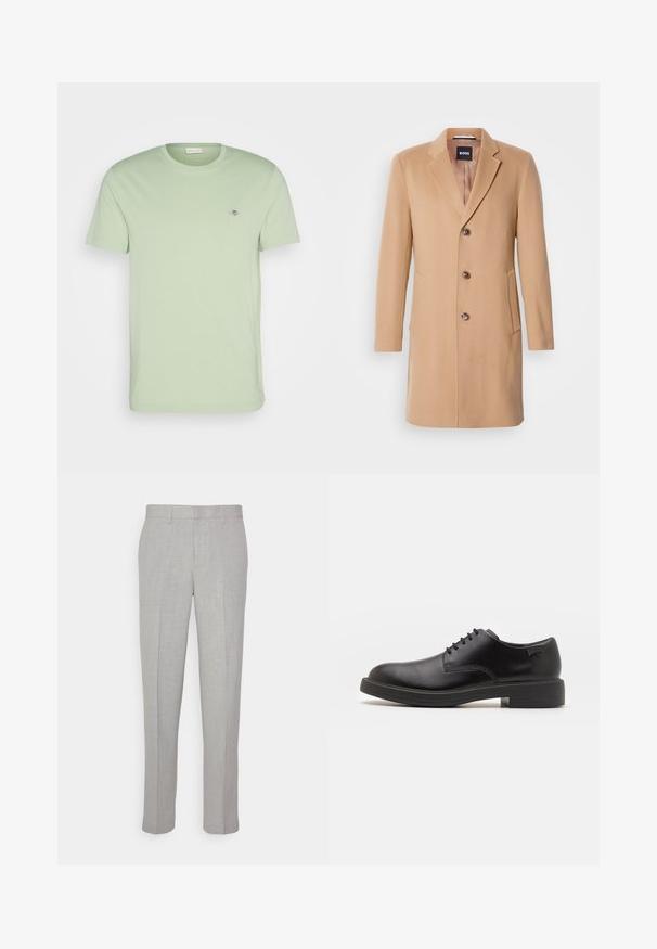 Kamelový kabát se směsí vlny, s klopovým límcem, jednoramenným zapínáním, třemi hnědými knoflíky, dvěma bočními kapsami a hladkou texturou.; GANT SHIELD - Jednoduché tričko - milky matcha; Světle šedé kalhoty s hladkou texturou, plochým předním dílem a rovnými nohavicemi. Vyrobené z prodyšného materiálu, obsahující vnitřní kapsy a poutka na opasek.; Černé kožené šněrovací boty s kulatou špičkou, hladkým povrchem, minimálním prošíváním a nízkým gumovým podpatkem. Logo na patě.
