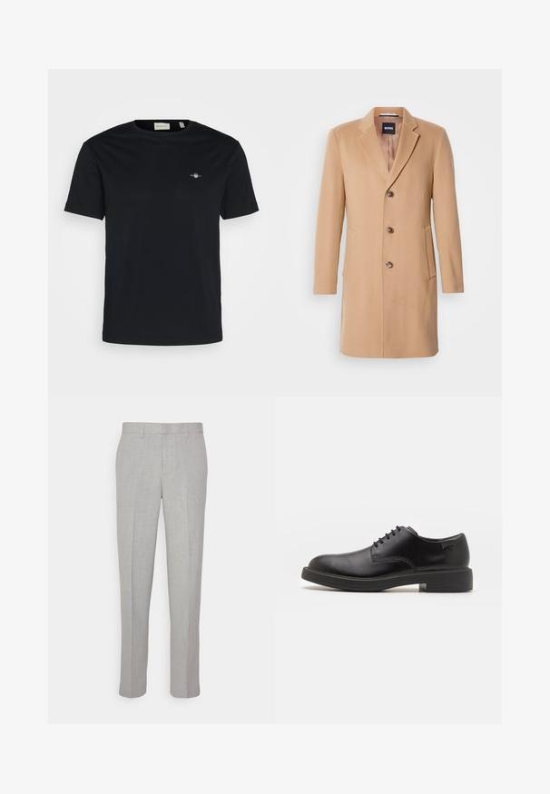 Kamelull-blandad kappa med snedskuren krage, enkelknäppt stängning, tre bruna knappar, två sidofickor och släta textur.; Svart bomullströja med rundad halsringning, korta ärmar och en liten logotyp på bröstet. Slät textur, standardpassform och inga synliga mönster.; Ljusgrå byxor med en slät yta, platt fram och raka ben. Tillverkade av ett andningsbart tyg, med interna fickor och bälteshällor.; Svart läder snörsko med rund tå, slät yta, minimal söm och låg gummihäl. Logotyp på hälen.