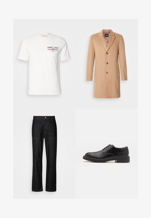 Płaszcz z mieszanki wełny w kolorze camel, z wklęsłym kołnierzem, jednoszeregowym zapięciem, trzema brązowymi guzikami, dwiema bocznymi kieszeniami i gładką fakturą.; Biała bawełniana koszulka z krótkim rękawem, z logo "GANT 1949" w granatowym i czerwonym kolorze oraz poziomymi akcentami w czerwone i niebieskie paski.; Czarne dżinsowe spodnie z prostą nogawką, widocznym przeszyciem i zapięciem na guziki z przodu. Zawierają dwie kieszenie boczne oraz dwie kieszenie z tyłu.; Czarny skórzany but za kostkę z okrągłym noskiem, gładką fakturą, minimalnym przeszyciem i niskim gumowym obcasem. Logo na pięcie.