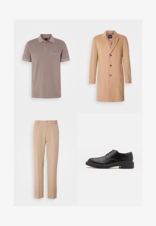 Kamelový kabát se směsí vlny, s klopovým límcem, jednoramenným zapínáním, třemi hnědými knoflíky, dvěma bočními kapsami a hladkou texturou.; Světle hnědá polo tričko vyrobené z měkké bavlny. Obsahuje klasický límeček, zapínání na dva knoflíky a decentní detail loga na hrudi.; Béžové kalhoty vyrobené z hladkého materiálu, s rovnými nohavicemi, předním zapínáním na knoflík a jemnými sklady podél přední části.; Černé kožené šněrovací boty s kulatou špičkou, hladkým povrchem, minimálním prošíváním a nízkým gumovým podpatkem. Logo na patě.