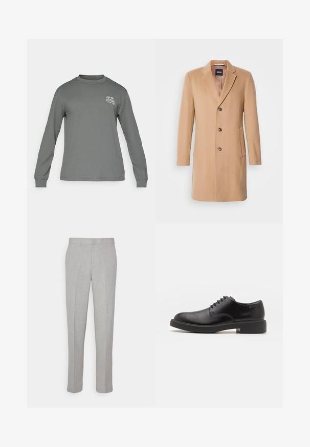 Palton din lână de cămilă, amestecat, cu rever ascuțit, închidere cu un singur rând de butoane, trei butoane maro, două buzunare laterale și textură netedă.; Cămașă cu mânecă lungă din țesătură gri, având un guler rotund și un logo grafic alb pe pieptul stâng. Textură netedă și design simplu.; Pantaloni gri deschis cu o textură netedă, față plată și picioare drepte. Realizați dintr-o țesătură respirabilă, cu buzunare interioare și brâie.; Pantofii din piele neagră, cu șireturi, au vârful rotunjit, o textură netedă, cusături minime și un toc de cauciuc scăzut. Logo pe toc.