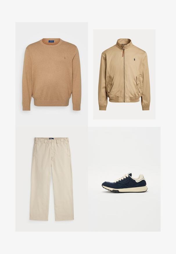 Beige bomberjakke laget av glatt stoff. Har stående krage, to sidelommer, ribbede mansjetter og en liten logo på brystet.; Beige genser med rund hals laget av myk stoff, med ribbede detaljer ved hals og ermer, og en liten brodert logo på brystet.; Beige bomullschinos med rett ben-design, med knappelukking og to frontlommer. Glatt tekstur og ensfarget.; Marineblå joggesko med teksturert semsket skinn-overdel, kremfargede snøringer og beige mellomsåle. Har et klassisk atletisk design og gummisåle.