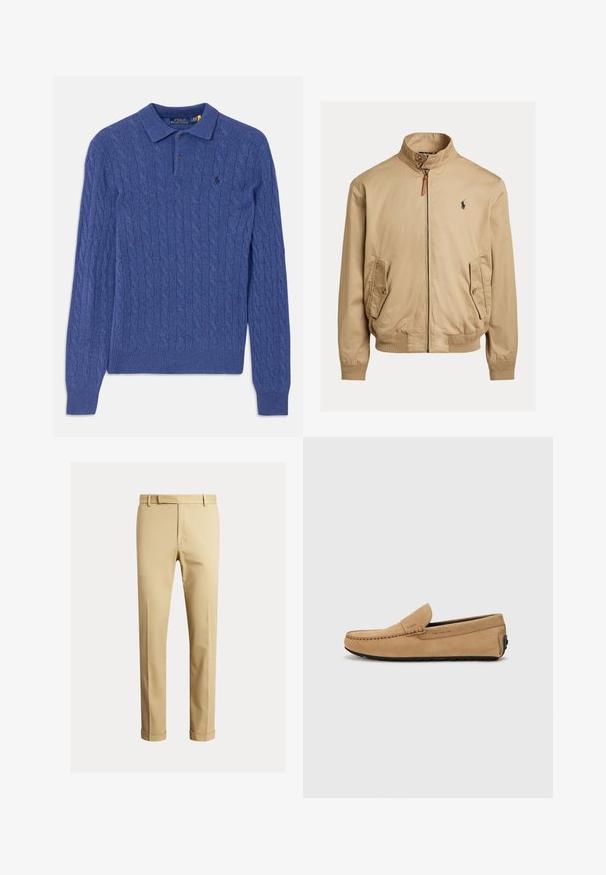 Casaco bomber bege feito de tecido suave. Apresenta um colarinho alto, dois bolsos laterais, punhos canelados e um pequeno logotipo no peito.; Camisa polo de malha azul com mangas longas, apresentando colarinho, três botões, punhos e bainha canelados, e um pequeno logotipo no peito.; Chinos caqui feitos de um tecido de algodão suave, com um design ajustado, pregas frontais e punhos no tornozelo para um visual afinado.; Chinelo de camurça bege com biqueira costurada, design slip-on e sola de borracha preta. Apresenta uma marcação discreta na lateral.