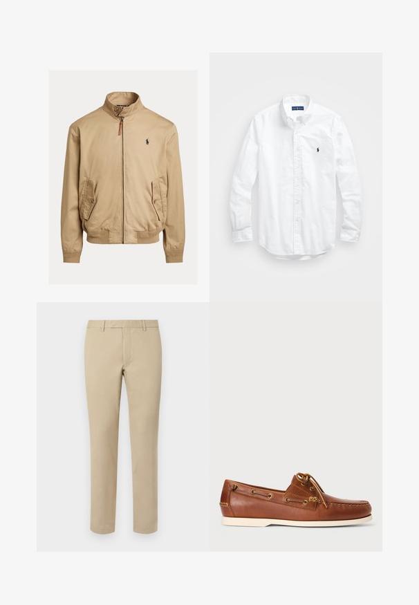 Sima anyagból készült bézs bomberdzseki. Álló gallérral, két oldalsó zsebbel, bordázott mandzsettával és egy kis logóval rendelkezik a mellkason.; Fehér, hosszú ujjú, gombos férfiing pamutból. Klasszikus gallérral, gombos mandzsettával és egy kis sötétkék hímzett logóval a mellrészen.; Beige vászon nadrág egyenes szabással, övhurkokkal, lapos elülső résszel és kifinomult szegésekkel. Simább textúra és minimális részletezés.; Barna bőr csónakcipő, fűzéssel, arany szemekkel és krémszínű gumitalppal. Emelt varrásmintázattal a lábujjnál.