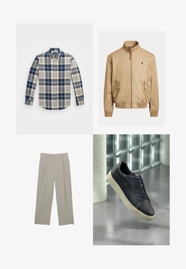 Beige bomberjack gemaakt van gladde stof. Heeft een staande kraag, twee zijzakken, geribde mouwen en een klein logo op de borst.; Ruitjeshemden in marineblauw, crème en grijs; lange mouwen, button-down kraag en afgeronde zoom; heeft een borstzakje en subtiele branding.; Lichtgrijze wijde broek met een gladde textuur, voorzien van plooien aan de voorkant, een knoopsluiting en zijzakken.; Marineblauwe leren sneaker met een ronde neus, platte veters en een gestructureerde zool; heeft een logo op de tong, in contrast met een crèmekleurige loopzool.